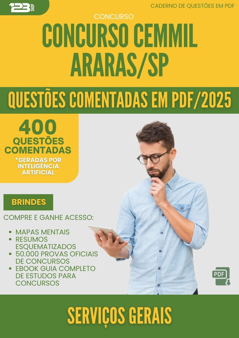 400 Questões Comentadas para Concurso Servicos Gerais Cemmil da Prefeitura Araras Sp 2025 - 200 Questões