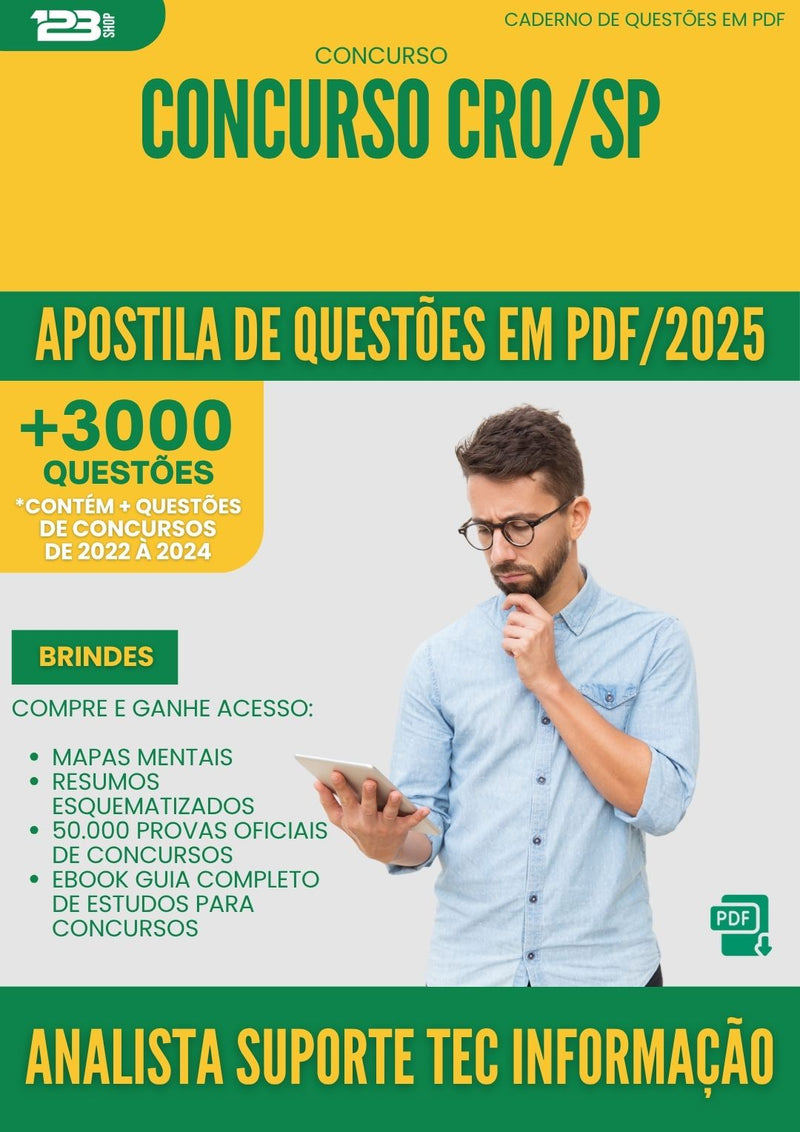Apostila de Questões para Concurso Analista Suporte Tecnologia Informacao Cro Sp 2025 - Mais de 3.000 Questões
